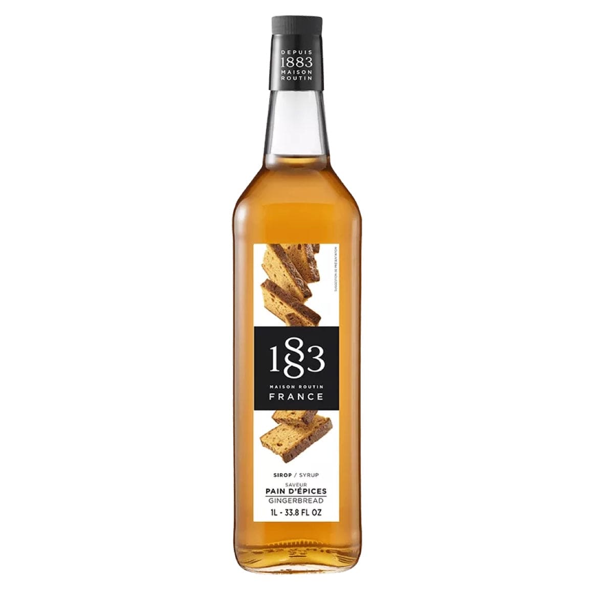 Flaske med 1883 Gingerbread sirup – krydret sirup med smag af brunkage, ideel til kaffe, cocktails og desserter.