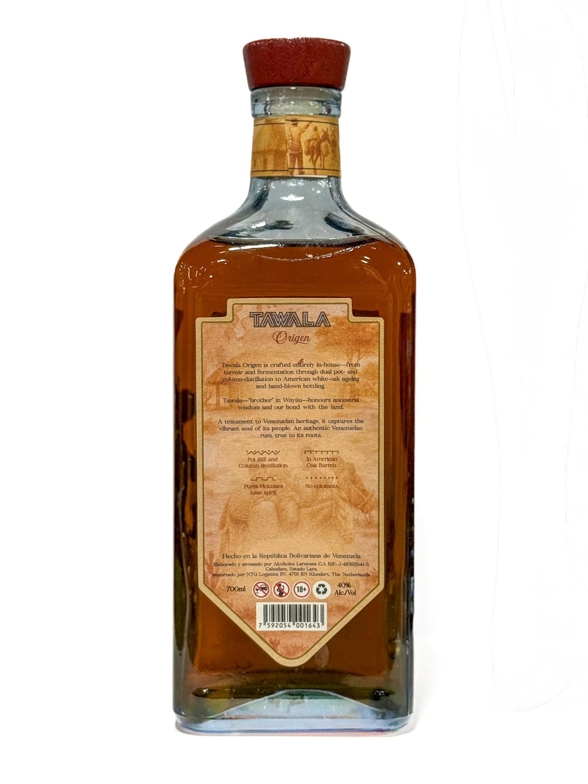 Baksidesetikett på Tawala Origen rom 70 cl, 40 procent alkohol