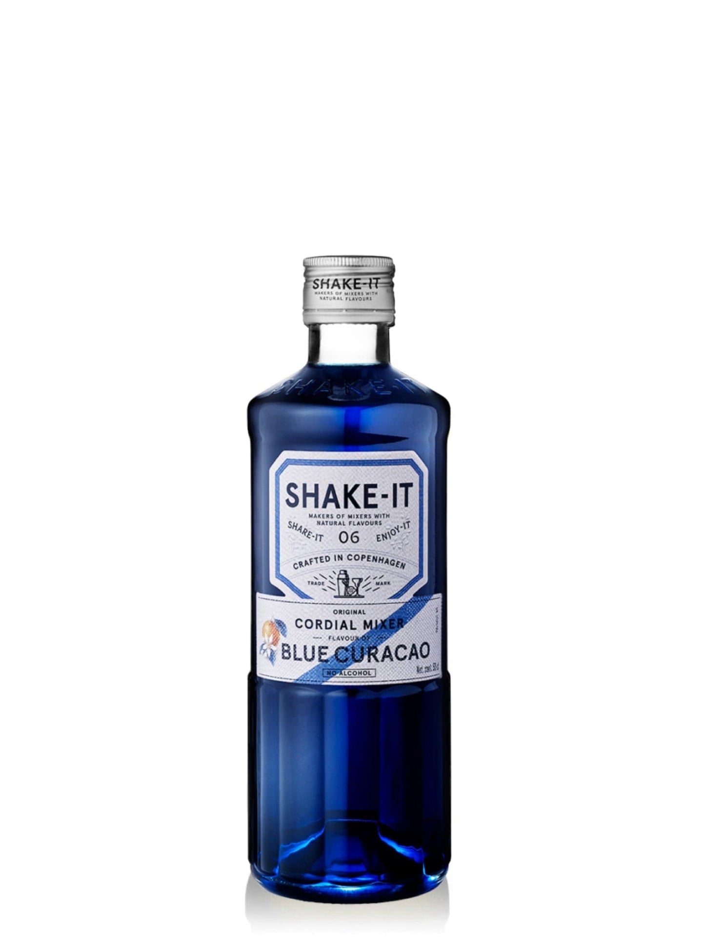 Shake-It Blue Curacao sirup i en flaske, perfekt til at tilføje en livlig og citrusagtig smag til dine drikke
