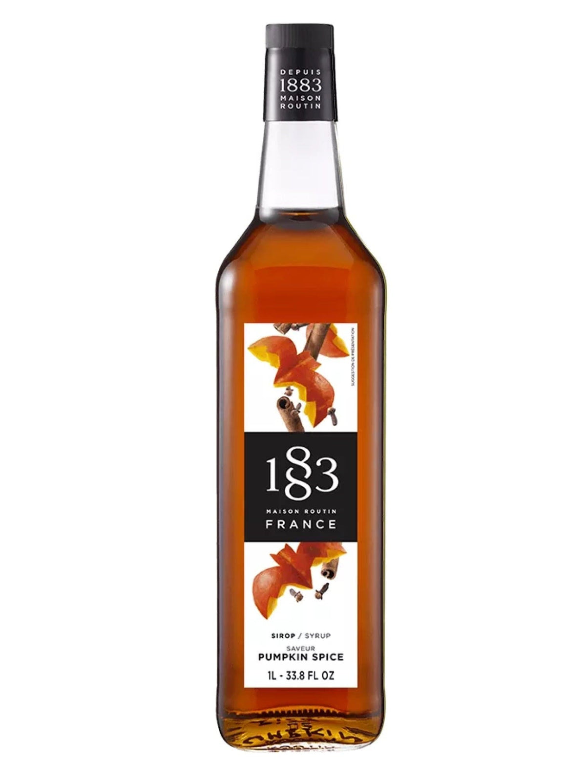 1883 pumpkin spice sirup i en flaske, perfekt til at tilføje en krydret græskarsmag til dine drikke