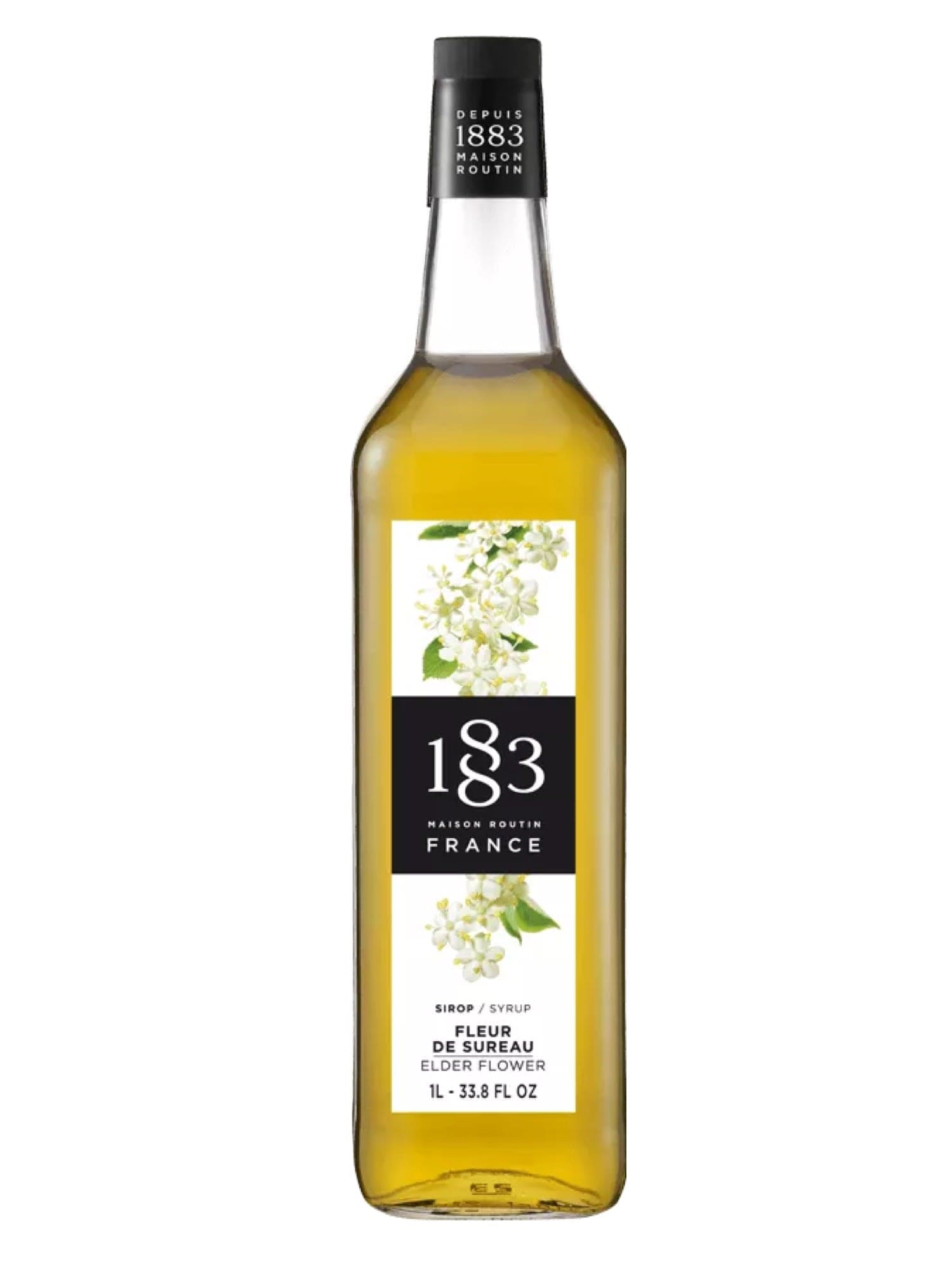 1883 hyldeblomstsirup i en flaske, perfekt til at tilføje en blomsteragtig smag til dine drikke.