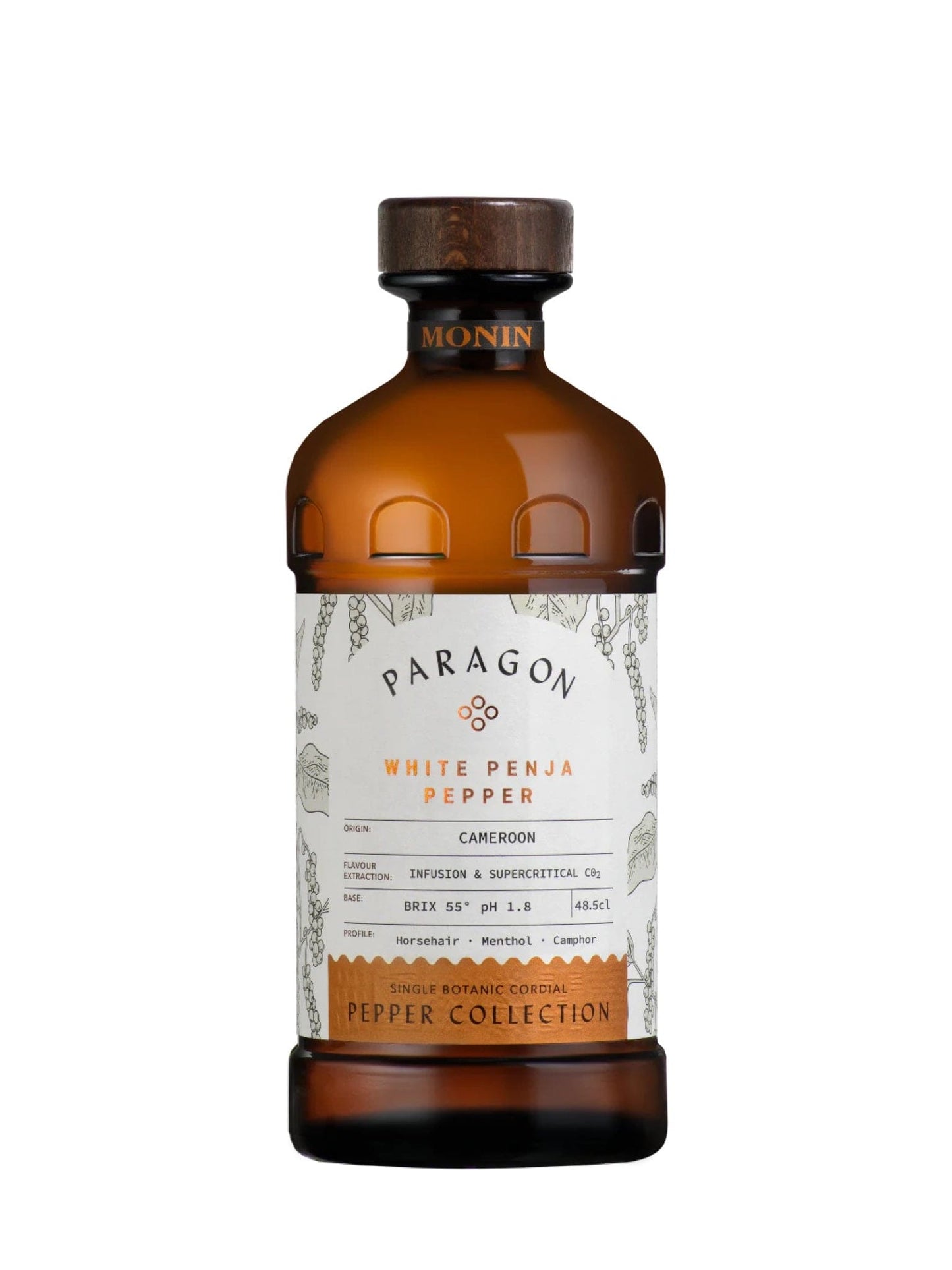 Monin Paragon White Penja Pepper Cordial – eksotisk og krydret cordial med smag af hvid Penja-peber, perfekt til at skabe unikke og komplekse cocktails