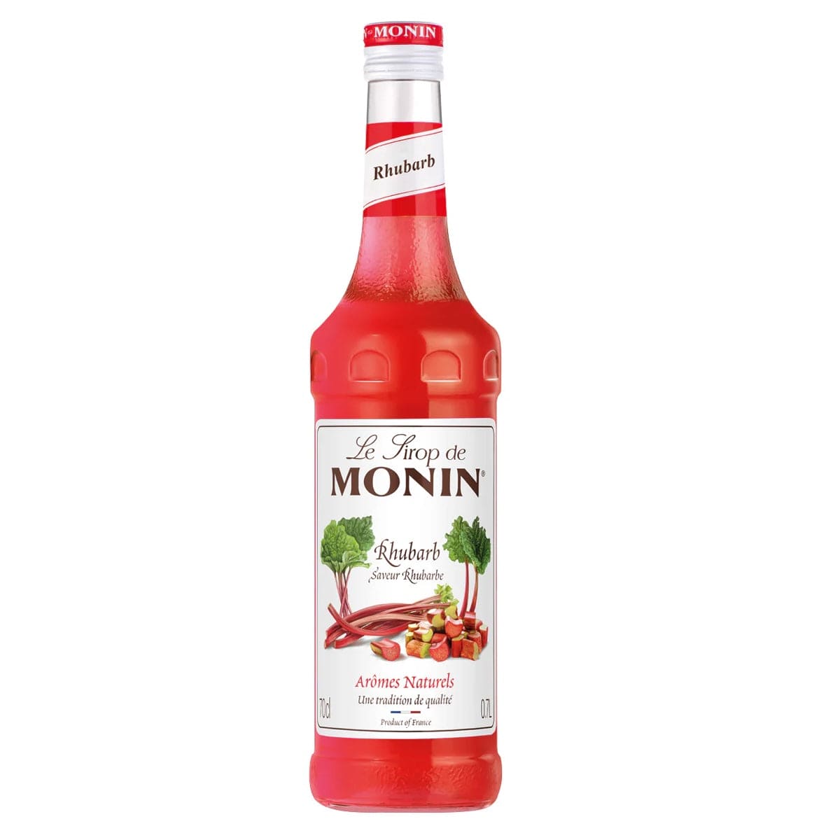 Monin Rabarber Sirup – en sød og syrlig sirup med smagen af frisk rabarber, ideel til at tilføje en frugtig og sprød note til cocktails og sodavand.