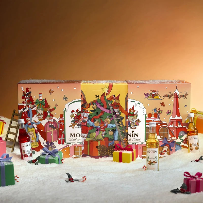 MONIN julekalender 2026 med 24 smagsvarianter i mini-flasker à 5 cl