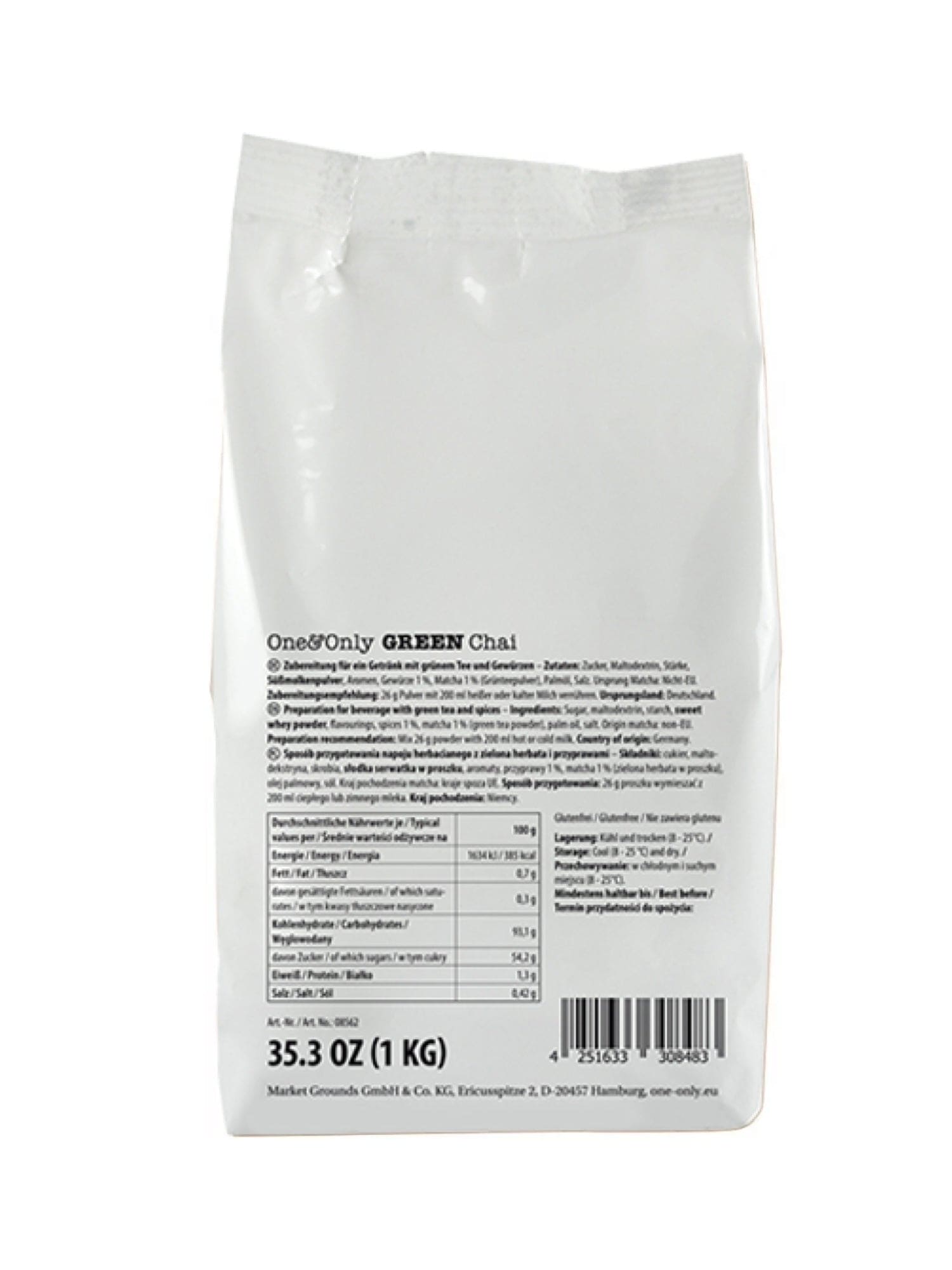 Burk med One & Only Green Chai – grön matcha chai-blandning med indiska kryddor som kanel, kardemumma, fänkål och anis.