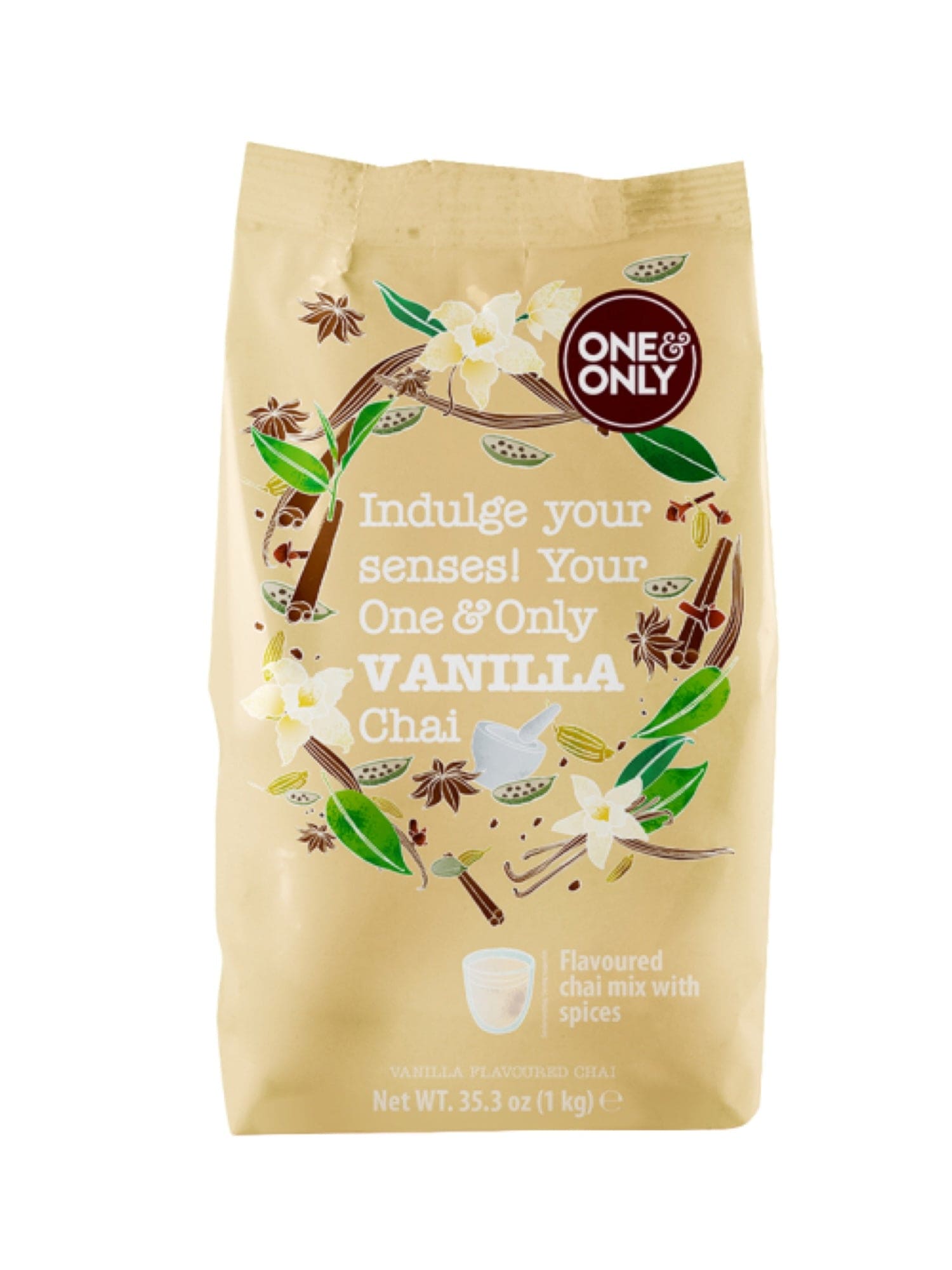One & Only Vanilla Chai 1000g – aromatisk chai-blanding med vaniljesmag og varme krydderier, perfekt til en hyggelig teoplevelse