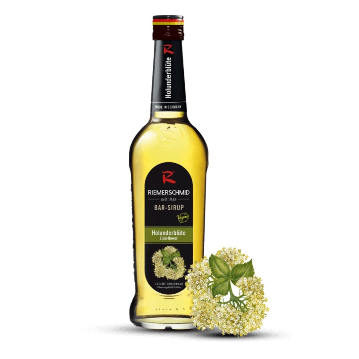 Riemerschmid Hyldeblomst Sirup – stilfuld flaske med frisk hyldeblomstmotiv, perfekt til cocktails, mocktails og sommerdrinks.