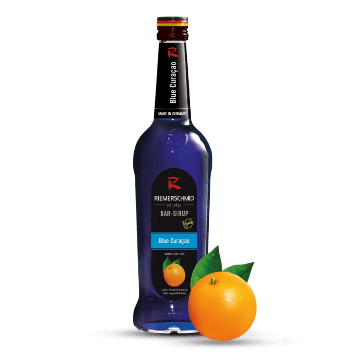 Riemerschmid Blue Curaçao Sirup – klar blå sirup med smag af appelsin, ideel til cocktails og farverige drinks. Perfekt til professionelle bartendere og hjemmebarer.