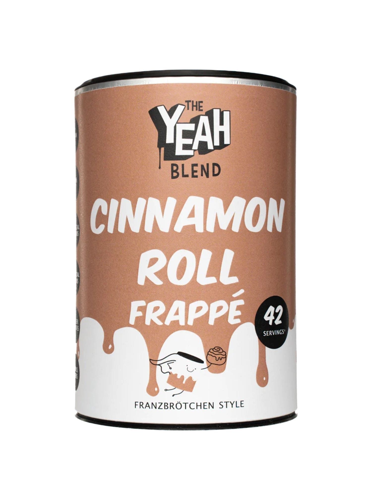 The Yeah Blend Cinnamon Roll Frappe pulver, en lækker og cremet drik med smag af kanel og sødmefuld bagværk, ideel til frappes og milkshakes