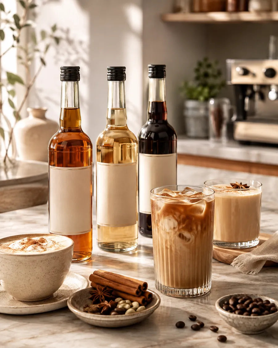 Sirup, kaffesirup og chai i naturligt cafémiljø