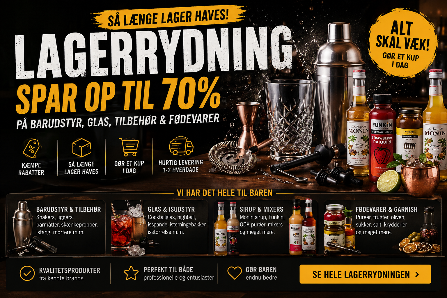 BarGear lagerrydning – barudstyr, glas, tilbehør og fødevarer