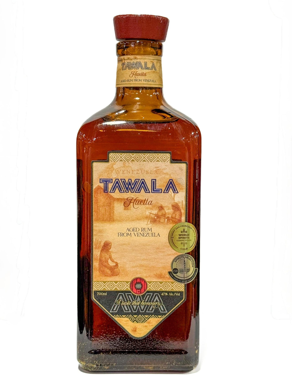 Tawala Huella rom 70 cl, flaskan fotograferad framifrån mot vit bakgrund