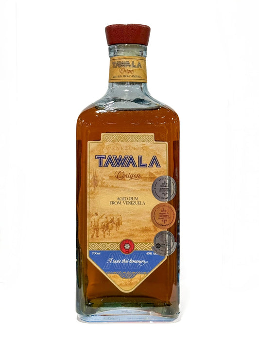 Tawala Origen rom 70 cl, flaskan fotograferad framifrån mot vit bakgrund