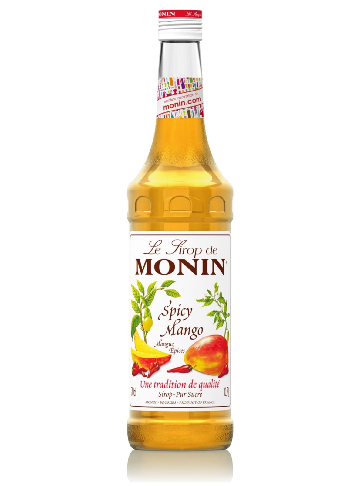 Flaske Monin Spicy Mango sirup, ideel til at tilføje en pikant og eksotisk twist til dine drikkevarer